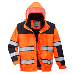 Orange Hi vis bomber jacket with two waist bands and arm bands. Pop button and zip fasten with waist pockets and chest pocket and visible hood. Black contrast on the shoulders and arms.