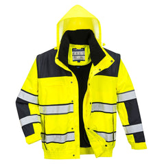 Yellow Hi vis bomber jacket with two waist bands and arm bands. Pop button and zip fasten with waist pockets and chest pocket and visible hood. Black contrast on the shoulders and arms.