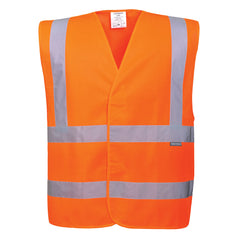 Orange hi-vis vest with hi vis bands on the waist and shoulders.