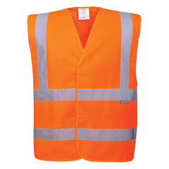 Orange hi-vis vest with hi vis bands on the waist and shoulders.