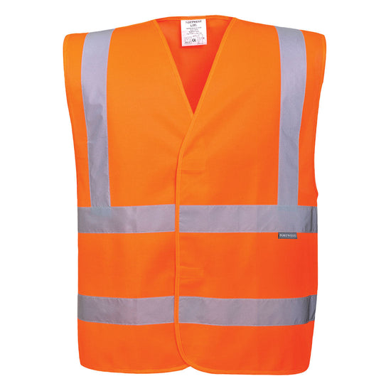 Orange hi-vis vest with hi vis bands on the waist and shoulders.