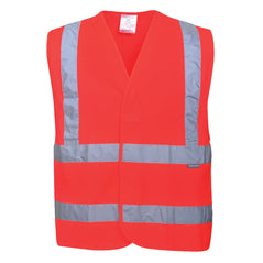 Red hi-vis vest with hi vis bands on the waist and shoulders.
