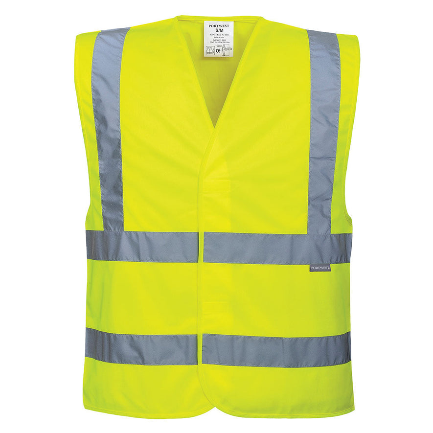 Yellow hi-vis vest with hi vis bands on the waist and shoulders.