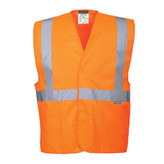 Orange hi vis one chest band hi vis jacket. Hi vis band across the body and shoulders.
