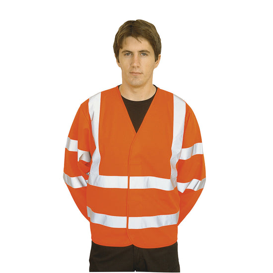 Person wearing Orange Hi-Vis long Sleeved Vest With Hi Vis Bands on the body shoulders and sleeves.