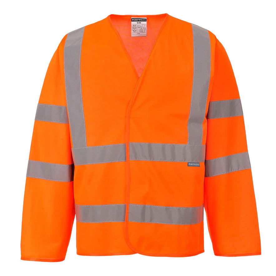 Orange Hi-Vis long Sleeved Vest With Hi Vis Bands on the body shoulders and sleeves.