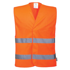 Orange hi-vis vest with hi vis bands on the waist.
