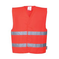Red hi-vis vest with hi vis bands on the waist.