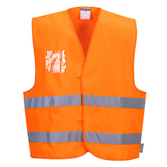 Orange hi-vis vest with hi vis bands on the waist. Vest is velcro fasten and had a dual I.D. holder pocket.