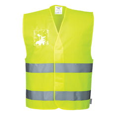 Yellow hi-vis vest with hi vis bands on the waist. Vest is velcro fasten and had a dual I.D. holder pocket.