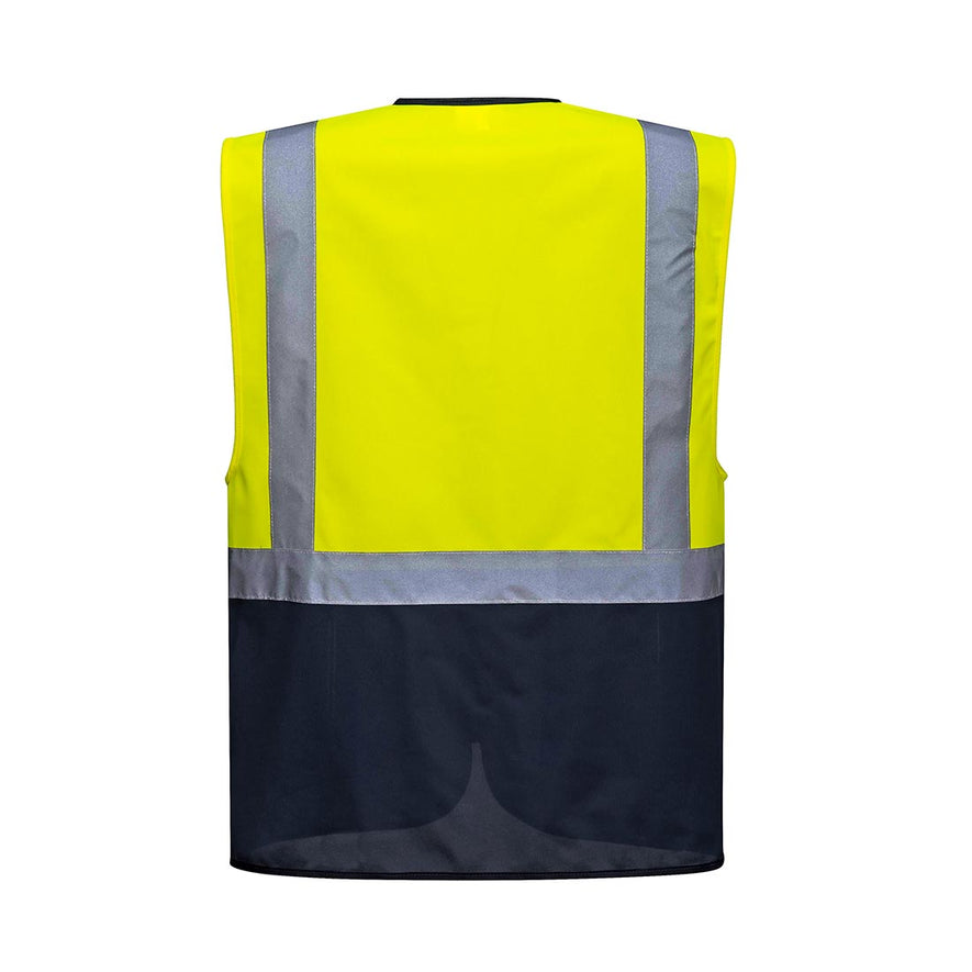 Yellow and navy Warsaw Executive Vest with reflective strips and plastic front pocket