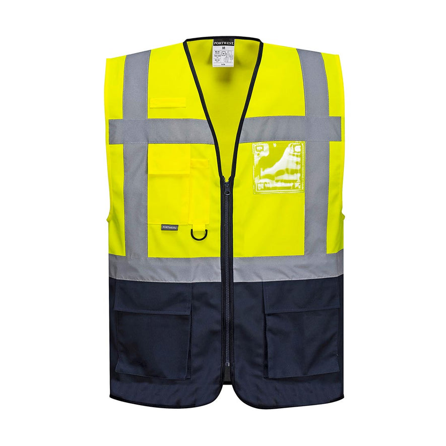 Yellow and navy Warsaw Executive Vest with reflective strips and plastic front pocket