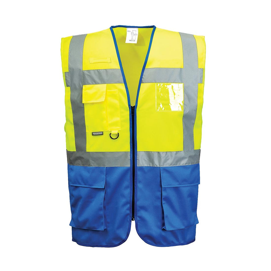 Yellow and royal blue Warsaw Executive Vest with reflective strips and plastic front pocket