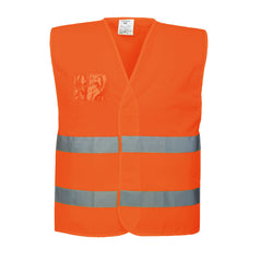 Orange hi-vis vest with hi vis bands on the waist. With id badge holder.