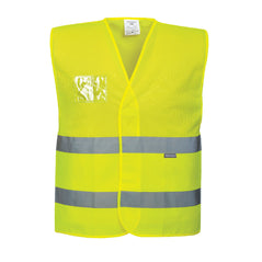 Yellow hi-vis vest with hi vis bands on the waist. With id badge holder.