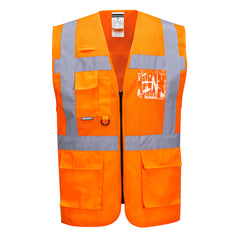 Orange Madrid mesh executive vest, zip fasten with side pockets and chest pocket with d loop. Vests have  Hi vis waist bands and shoulder bands with id pocket on the left breast.