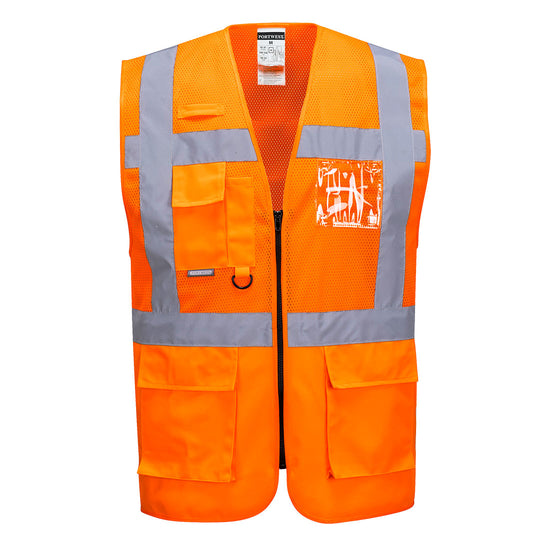 Orange Madrid mesh executive vest, zip fasten with side pockets and chest pocket with d loop. Vests have  Hi vis waist bands and shoulder bands with id pocket on the left breast.