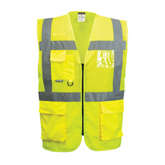 Yellow Madrid mesh executive vest, zip fasten with side pockets and chest pocket with d loop. Vests have  Hi vis waist bands and shoulder bands with id pocket on the left breast.