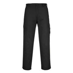 Black combat trousers with zip fasten and side combat pockets.