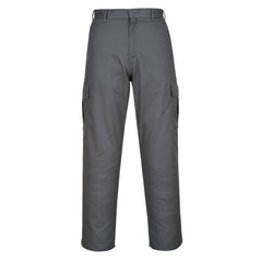 Grey combat trousers with zip fasten and side combat pockets.
