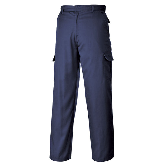 Navy combat trousers with zip fasten and side combat pockets.