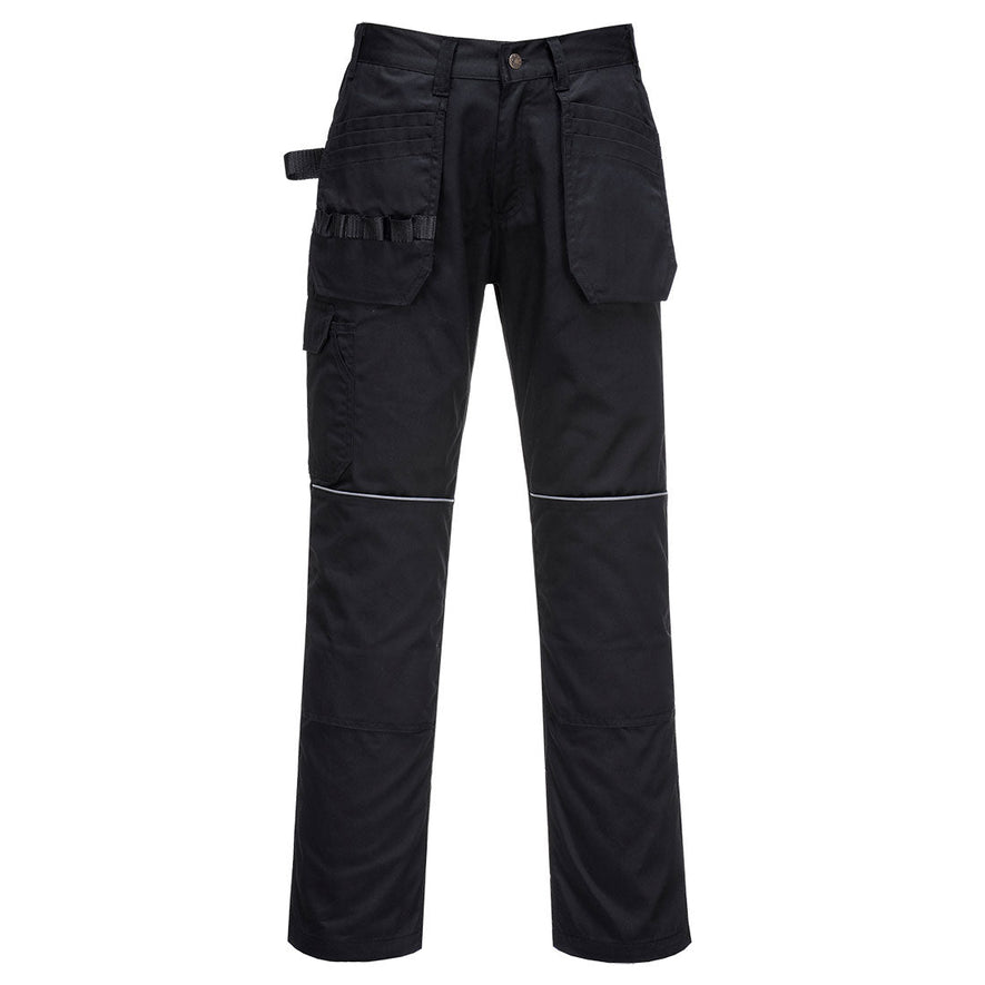 Black Portwest tradesman holster trouser. Trousers have holster pockets, kneepad pockets, hammer loop and belt loops.