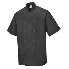 Black cumbria chef jacket with pop stud fasten and arm pocket for pens and other items.
