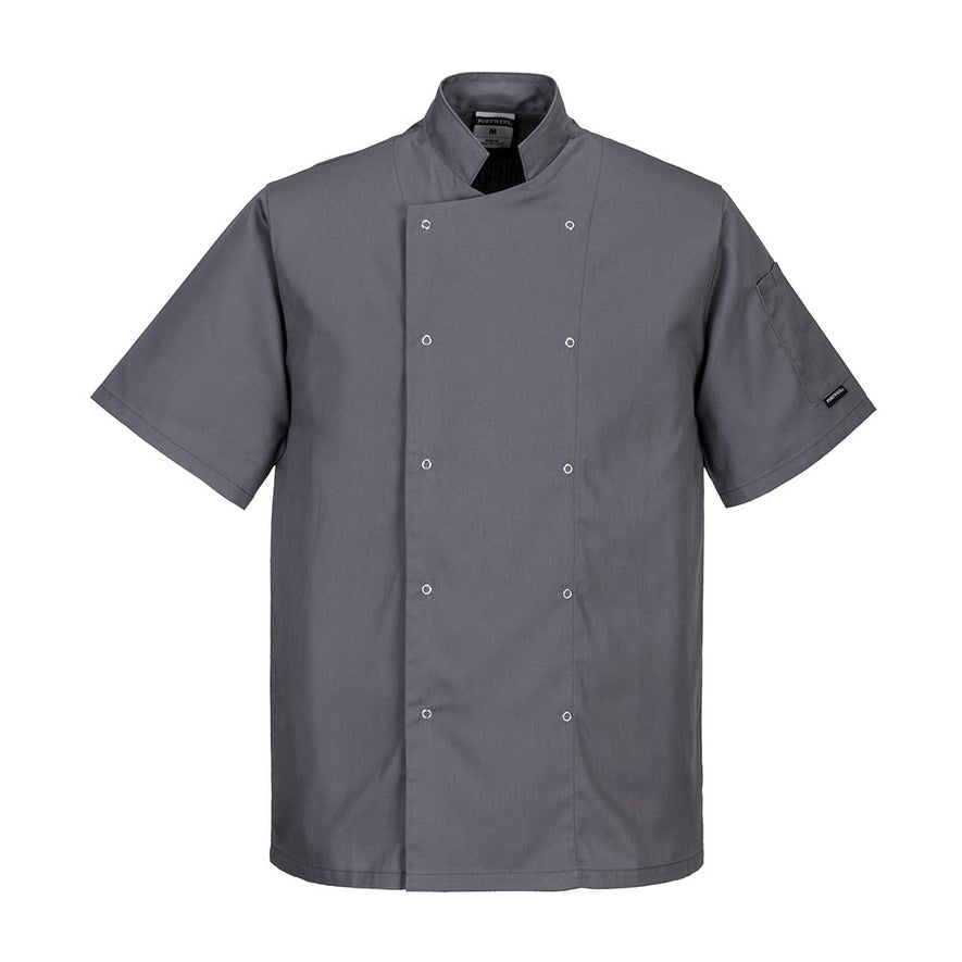 Slate Grey cumbria chef jacket with pop stud fasten and arm pocket for pens and other items.