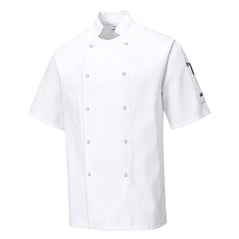 White cumbria chef jacket with pop stud fasten and arm pocket for pens and other items.