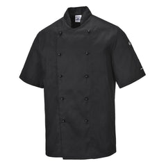 Black Kent chef jacket with pop stud fasten and arm pocket for pens and other items.