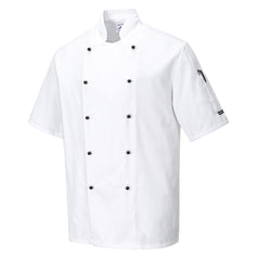 White Kent chef jacket with pop stud fasten and arm pocket for pens and other items.