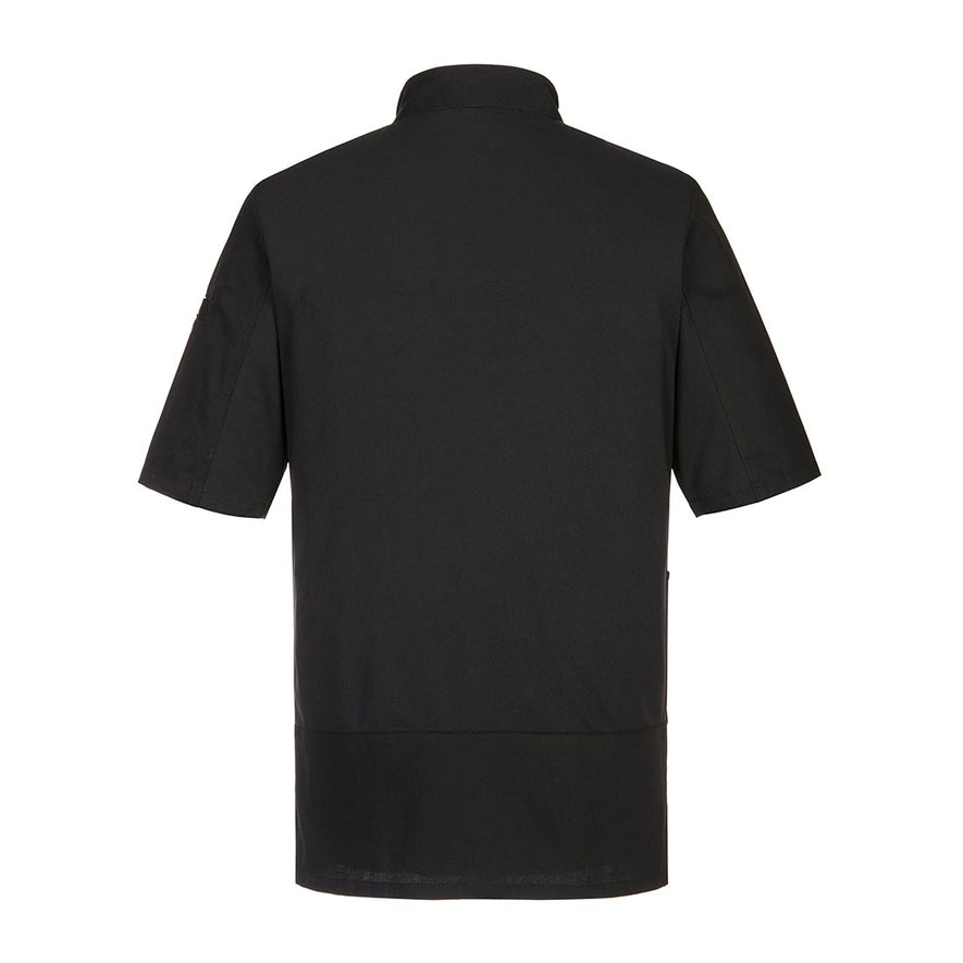 Black Surrey Chefs Jacket with full length buttons. Jacket has short sleeves.
