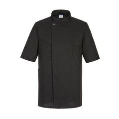 Black Surrey Chefs Jacket with full length buttons. Jacket has short sleeves.