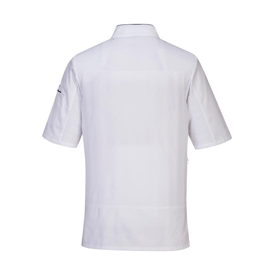 White Surrey Chefs Jacket with full length buttons. Jacket has short sleeves.
