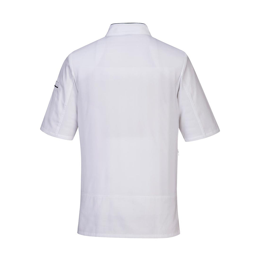 White Surrey Chefs Jacket with full length buttons. Jacket has short sleeves.