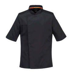 Portwest Stretch Mesh Air Pro Short Sleeve Jacket in black with orange inside of collar and fold over front.