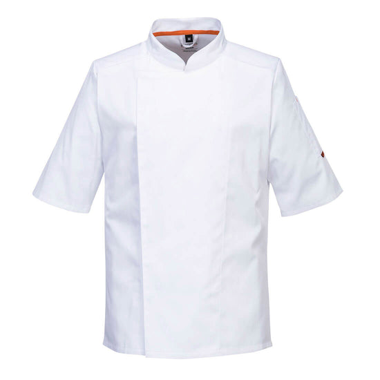 Portwest Stretch Mesh Air Pro Short Sleeve Jacket in white with orange inside of collar and fold over front.