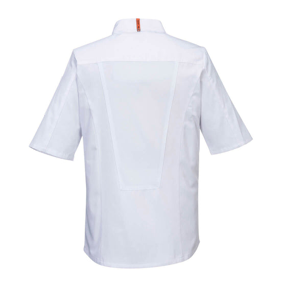 Back of Portwest Stretch Mesh Air Pro Short Sleeve Jacket in white with mesh panel on back.