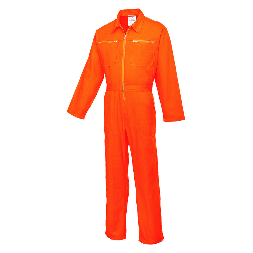 Orange cotton coverall with zip fasten and two zip chest pockets,