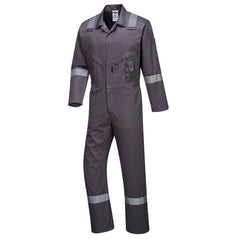 Grey cotton coverall with hi vis straps on the ankles, arms and shoulders. coveralls are have visible zip chest pockets.