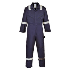 Navy cotton coverall with hi vis straps on the ankles, arms and shoulders. coveralls are have visible zip chest pockets.