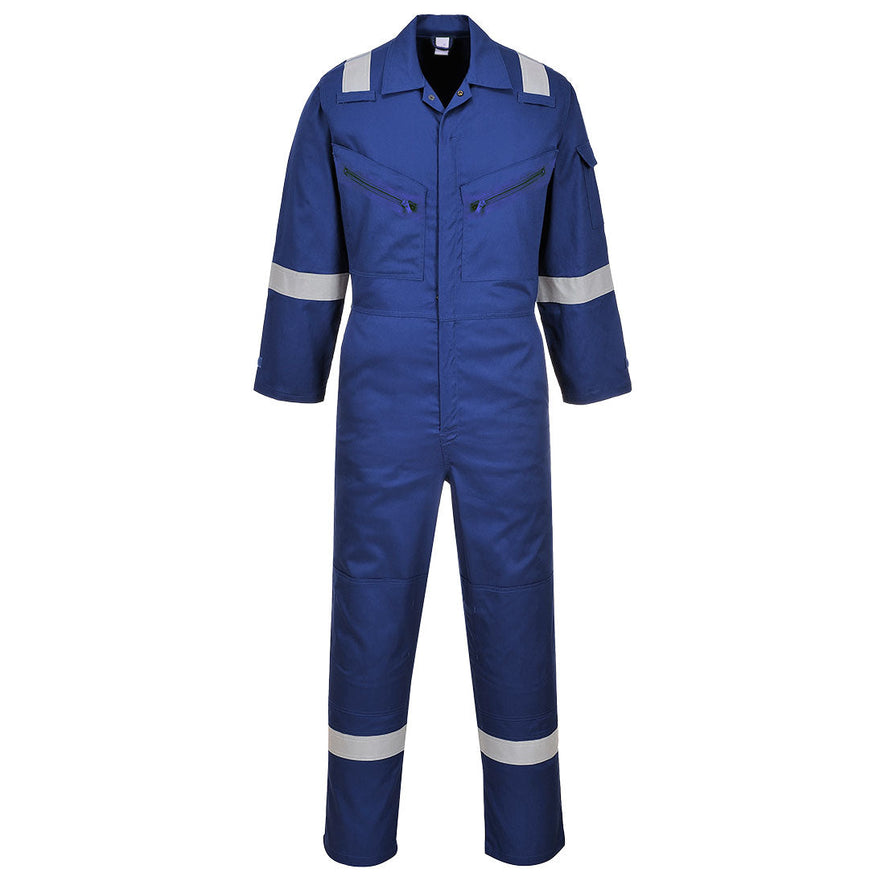 Royal Blue cotton coverall with hi vis straps on the ankles, arms and shoulders. coveralls are have visible zip chest pockets.