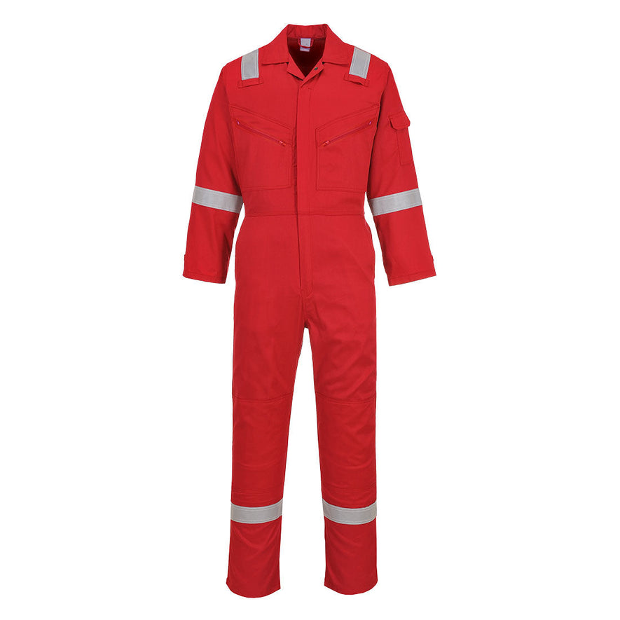 Red cotton coverall with hi vis straps on the ankles, arms and shoulders. coveralls are have visible zip chest pockets.