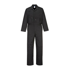 Black collared coverall with pockets and knee pads