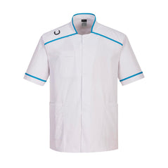 Men's White Medical Tunic with blue trim around neck, shoulders, back and sleeves