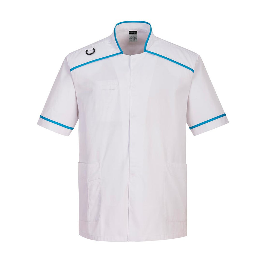 Men's White Medical Tunic with blue trim around neck, shoulders, back and sleeves