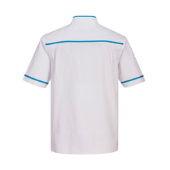 Men's White Medical Tunic with blue trim around neck, shoulders, back and sleeves