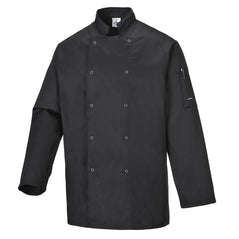 Black Portwest Suffolk Chefs Jacket. Jacket is button fasten and has a side pen pocket and has long sleeves.