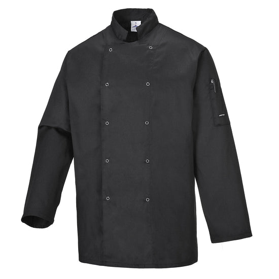 Black Portwest Suffolk Chefs Jacket. Jacket is button fasten and has a side pen pocket and has long sleeves.