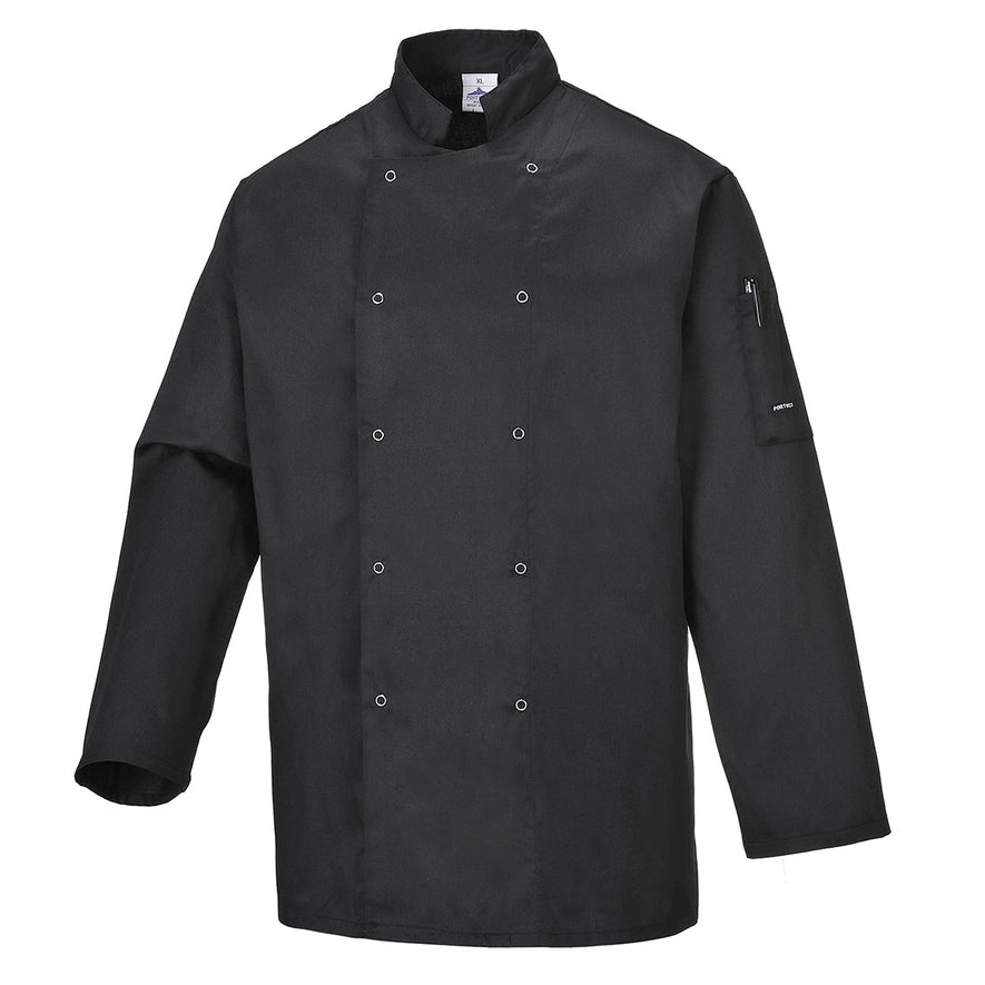 Black Portwest Suffolk Chefs Jacket. Jacket is button fasten and has a side pen pocket and has long sleeves.